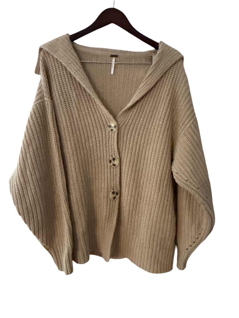 Free People Granola Girl Tan Chunky Ribbed Knit Hooded Cardigan Sweater Size XS